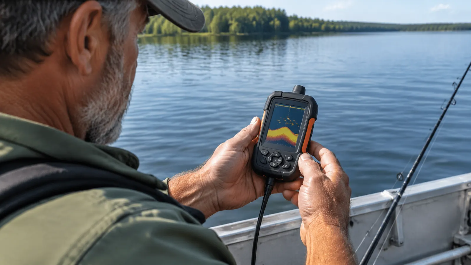 A hand holding a small handheld fish finder over the side of a small aluminum boat on calm lake water