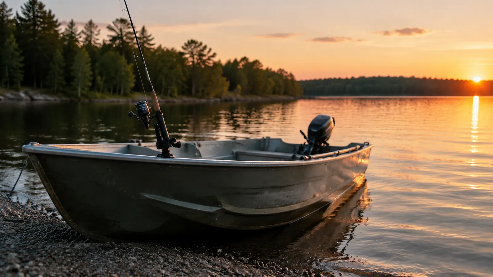 A small aluminum boat pulled up on a gravel shore at dusk with a fishing rod in a holder, calm water and a tree line behind