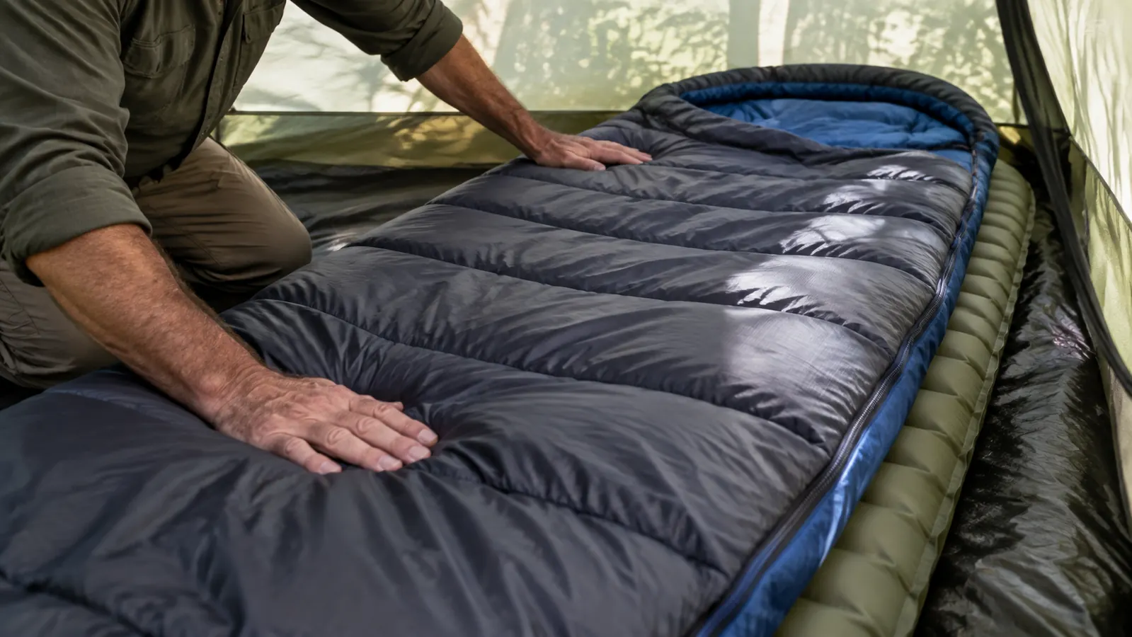 A three-season sleeping bag laid out on a camp pad inside a tent