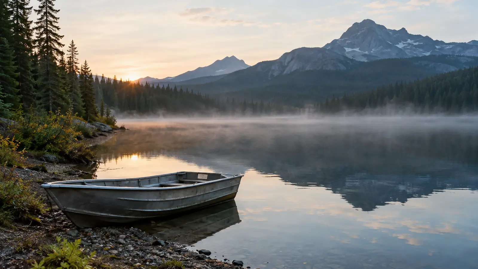 A calm mountain lake at first light with a small boat on the shore