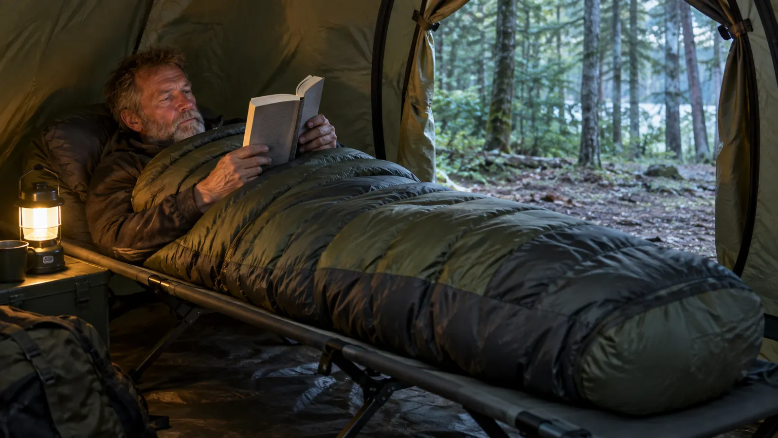 A camper resting inside the sleeping bag on a camp cot inside a tent.