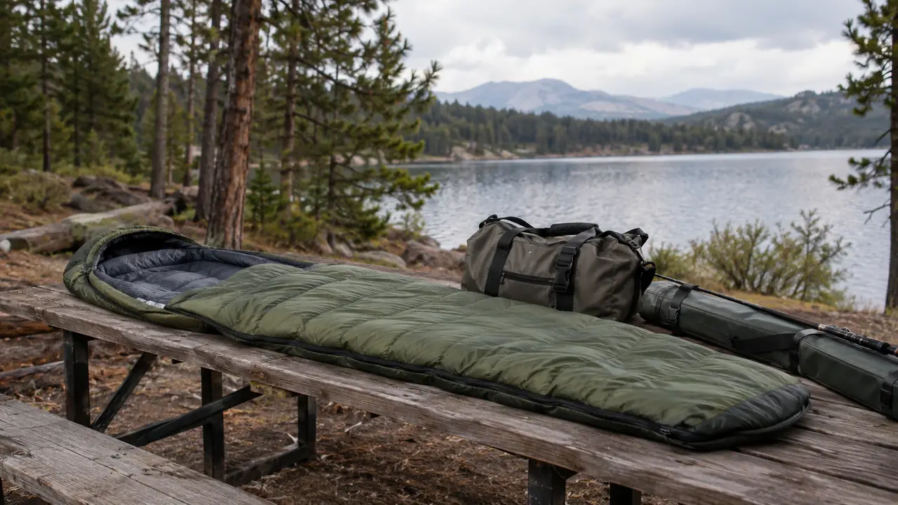 The sleeping bag spread out flat on a wooden picnic table at a lakeside camp.