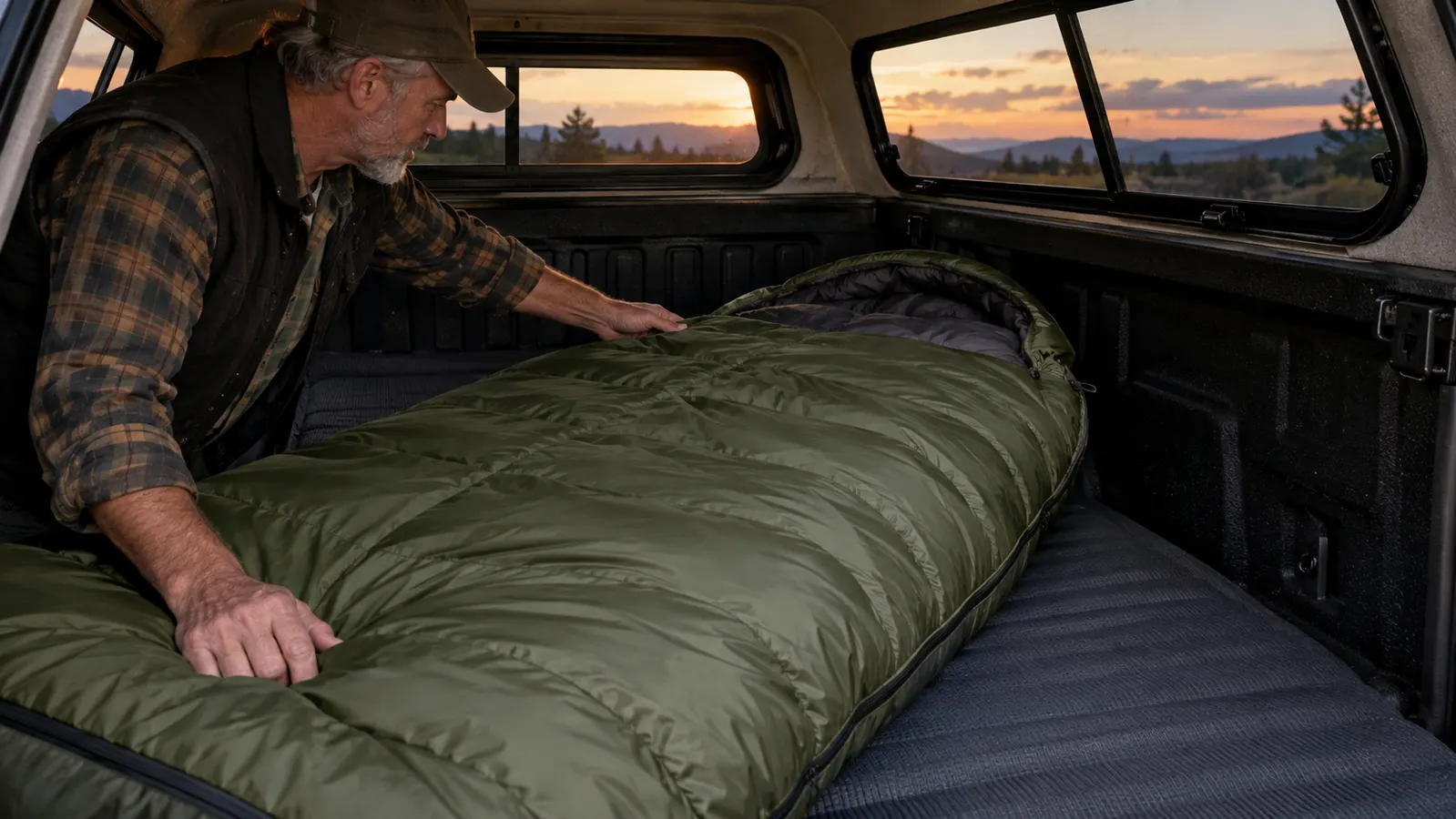 The sleeping bag laid out flat and ready inside the bed of a pickup truck under a camper shell.