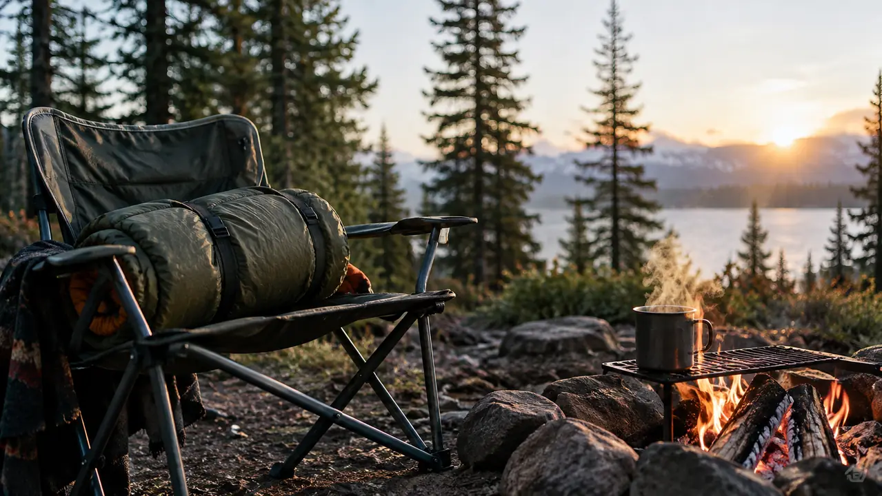 A rolled sleeping bag resting on a camp chair beside a small morning campfire, pine trees in the background.