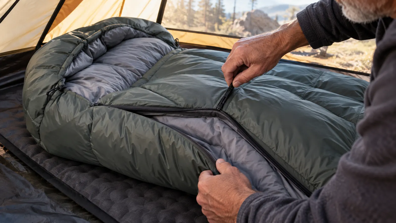 Hand unzipping a sleeping bag laid out on a sleeping pad inside a tent