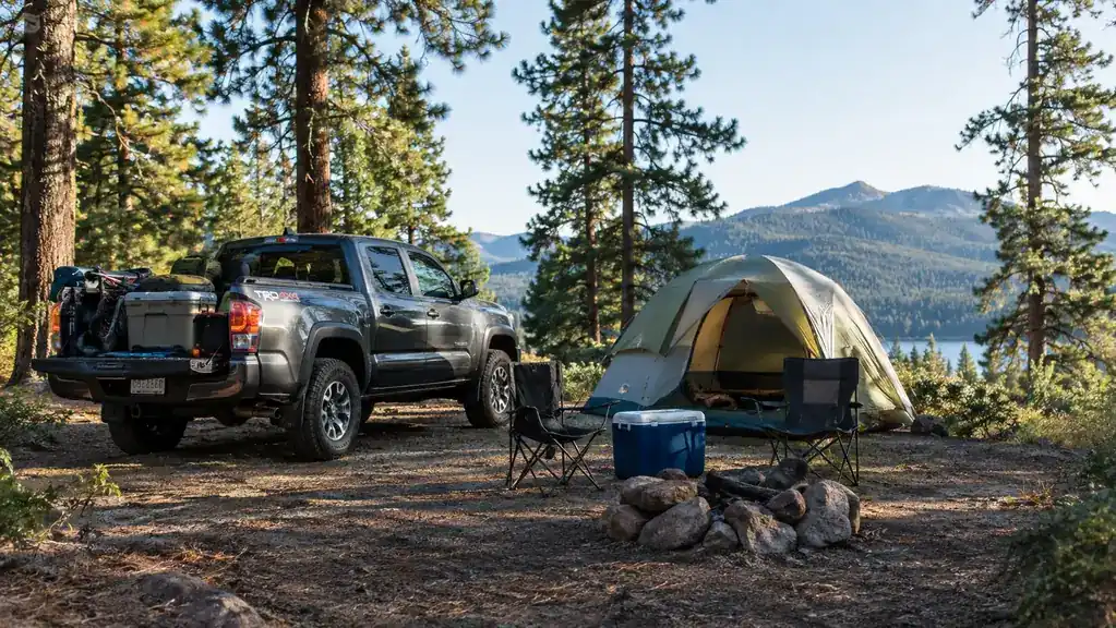 Pickup truck parked at a forest campsite with a tent and camping chairs in the morning